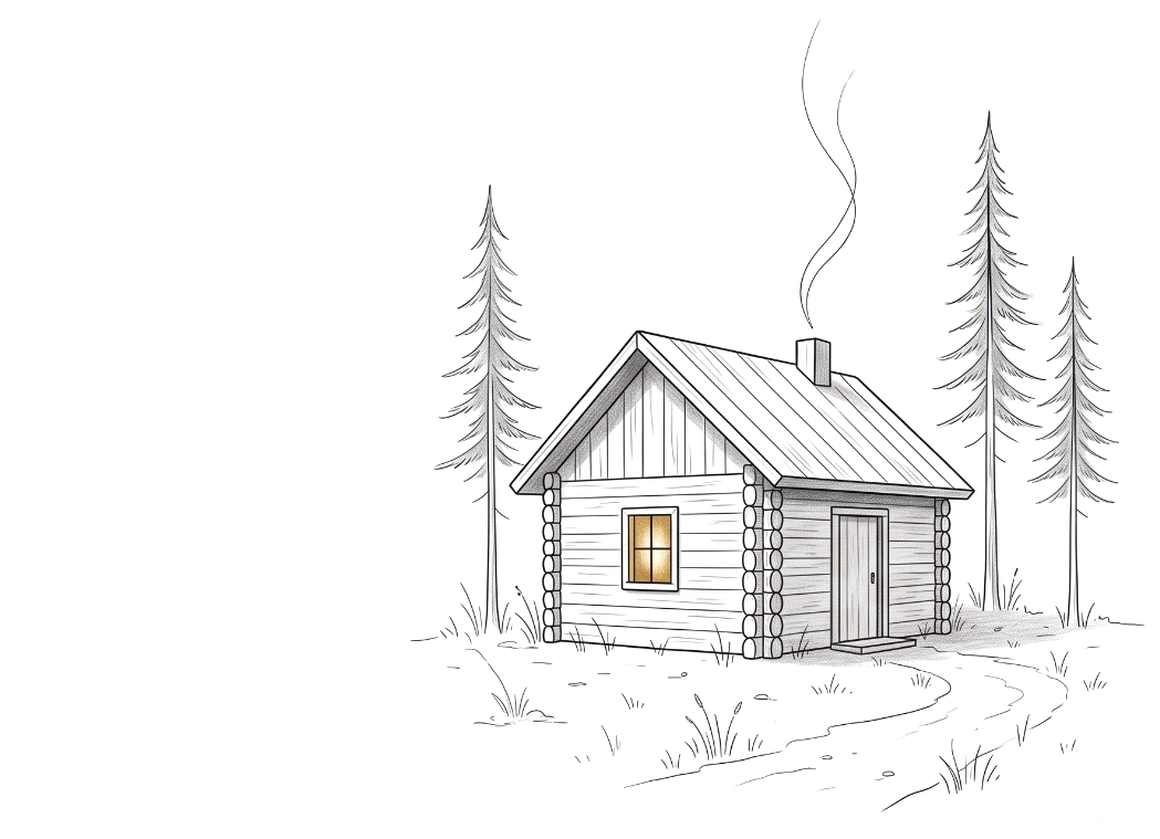 Une cabane de rondins dans la forêt, une fenêtre éclairée
