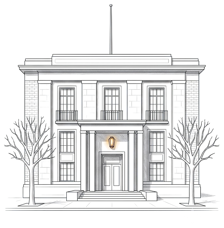 La Préfecture du Pays de Gex, dessinée au trait, une lampe allumée au-dessus de la porte